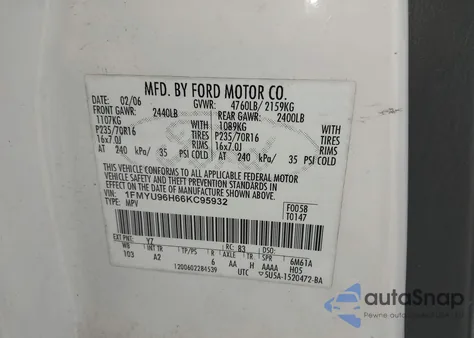 2006 Ford Escape Hybrid из США, поврежденный, VIN 1FMYU96H66KC95932